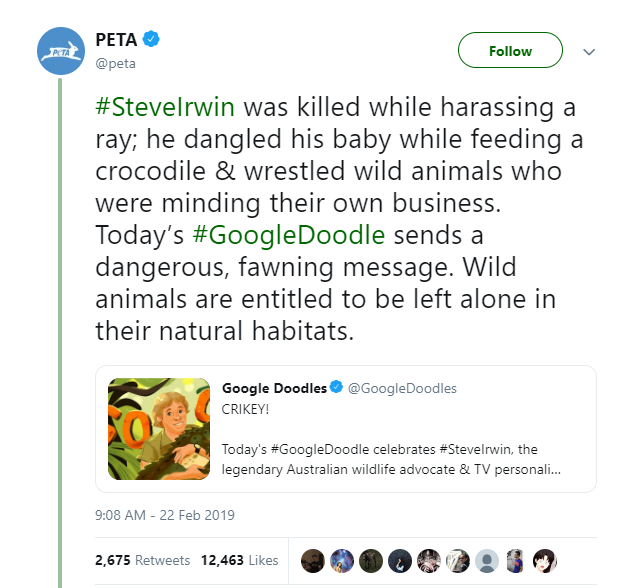 Peta lên án Google vì tưởng nhớ Steve Irwin: Anh ta đã chết trong khi quấy rối một con cá đuối gai độc - Ảnh 2.
