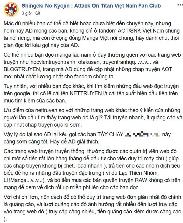 Fanpage Attack On Titan Việt Nam kêu gọi tẩy chay nettruyen.com: Vừa ăn cắp chất xám, vừa ngênh ngang thách thức người khác - Ảnh 1.