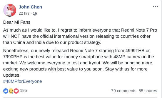 Xiaomi xác nhận Redmi Note 7 Pro sẽ không được bán ra tại thị trường quốc tế, người Việt muốn mua chỉ biết tìm hàng xách tay - Ảnh 2.