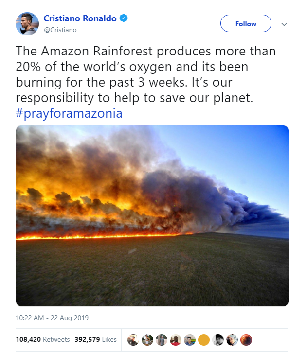 Hàng loạt sao cầu nguyện cho rừng Amazon, nhưng lại share nhầm ảnh đám cháy ở chỗ khác, kể cả Ronaldo, Djokovic hay Madonna - Ảnh 2.