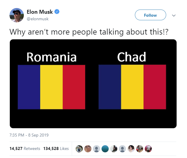 Elon Musk vừa phát hiện ra cờ của Chad và Romania suýt giống nhau, thực tế còn một loạt nước khác cũng như vậy! - Ảnh 1.