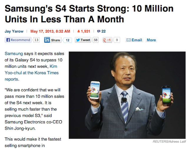 "5 triệu iPhone 5 trong 3 ngày là thảm họa, 10 triệu Galaxy S4 trong 1 tháng là tuyệt vời" 1