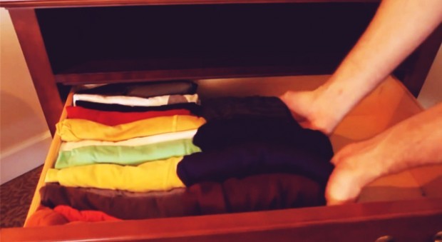 Stack clothes vertically side by side in the dresser to save a lot of room