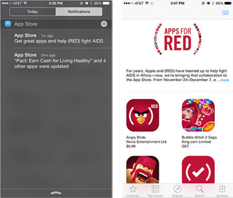 Apple sends out a push notification to promote the Apple App Store (RED) campaign
