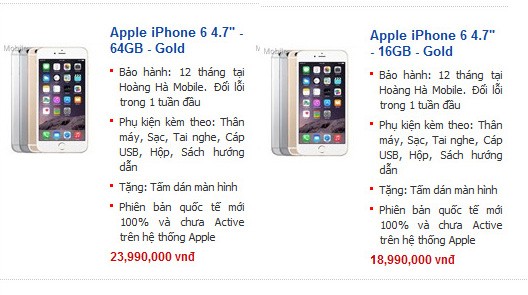 Giá iPhone 6 tham khảo tại một đại lý ở Hà Nội.