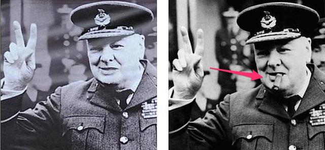 Trong bức ảnh bên trái, điếu xì gà mà Winston Churchill đang hút đã được xóa đi.
