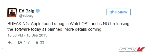 Apple đã phát hiện một bug (lỗi phần mềm) trên WatchOS2 chỉ vài giờ trước khi tung ra bản chính thức