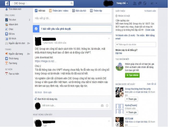 Chia sẻ của một thành viên nhóm hacker Việt DIE Group trên trang Facebook của nhóm này. (Ảnh: Security Daily)