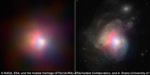 Các dữ liệu X-ray mới từ NuSTAR - chồng lên một hình ảnh có thể nhìn thấy ánh sáng từ Kính viễn vọng không gian Hubble của NASA - cho thấy các lỗ đen bên phải là, trên thực tế, các one.As đói nó ăn khí, quá trình năng lượng gần các electron hố đen nhiệt và proton về hàng trăm triệu độ, tạo ra một plasma cực nóng, hoặc corona, làm tăng ánh sáng nhìn thấy được đến năng lượng cao X-quang.