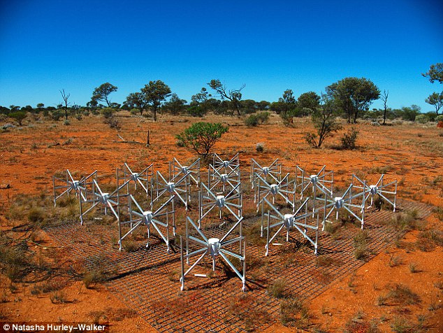 Ms Loi used a radio telescope in the Western Australian desert called the Murchison Widefield Array (MWA) to make the discovery.This uses 128 antenna tiles (some shown) spread over the ground across an area 1.15 miles squared (3km squared), and by splitting them into two groups, she created a pair of eyes