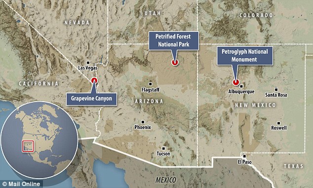 Mr Ruskamp claims to have found evidence of ancient Chinese scripts etched into rocks in New Mexico, Nevada and Arizona, as shown in the map above