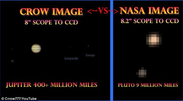 Conspiracy theories have already begun circulating about the images being sent back by New Horizons of Pluto. One YouTube user calling himself Crow used the images above, with a picture using his backyard telescope of Jupiter and an early New Horizons&apos; image of Pluto to suggest the mission has been faked