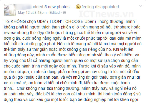 Chị My thất vọng với cách chăm sóc khách hàng của Uber (Ảnh: FBNV)