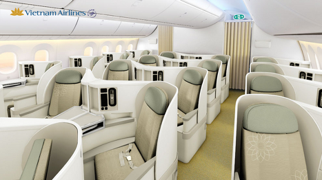 Cách bố trí các ghế thương gia trên A350 của Vietnam Airlines hơi khác so với các hình ảnh ban đầu mà hãng hàng không giới thiệu.