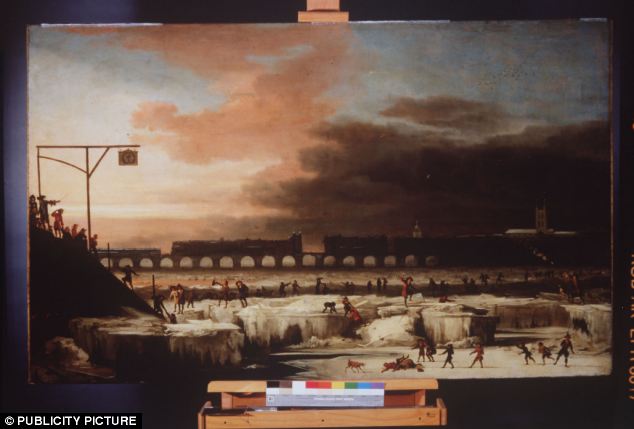 The Frozen Thames, 1677 - một bức tranh sơn dầu của Abraham Hondius cho thấy London Bridge cũ trong tối thiểu Maunder