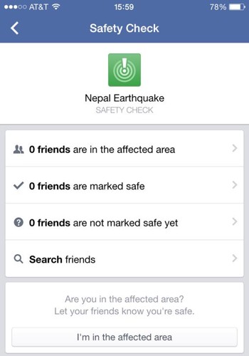 Ảnh chụp màn hình công cụ hỗ trợ Động đất Nepal của Facebook.