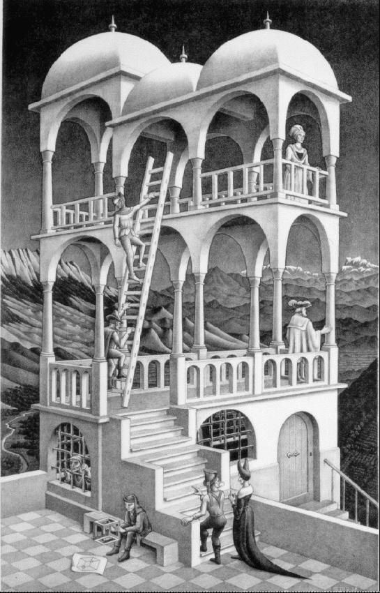 Một bức ảnh ảo ảnh của MC Escher khá giống với bức ảnh trên. Chiếc cầu thang và hai người đàn ông ở bên trong hay bên ngoài?