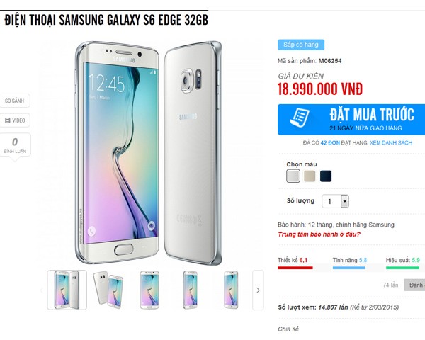 Galaxy S6 Edge bất ngờ nhận được sự quan tâm lớn từ người dùng trong nước. Ảnh chụp màn hình.