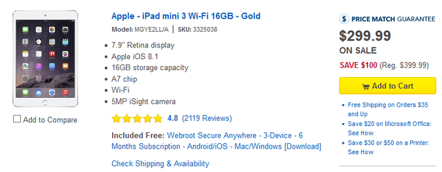 Save $100 this holiday weekend on the 16GB Apple iPad mini 3 from Best Buy