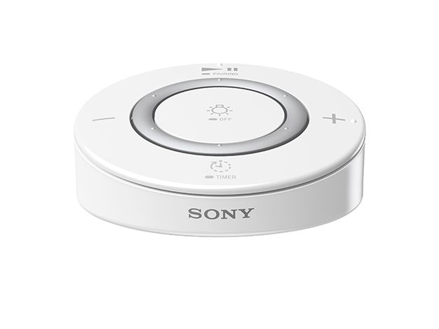 The remote control for Sonys new LSPX-100E26J LED light bulb speaker allows users to adjust the volume and brightness of the bulb and control a sleep function