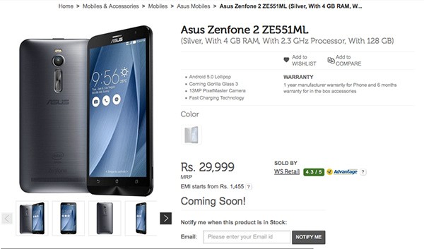 Zenfone 2 128 GB bất ngờ có mặt tại Ấn Độ. Ảnh chụp màn hình.