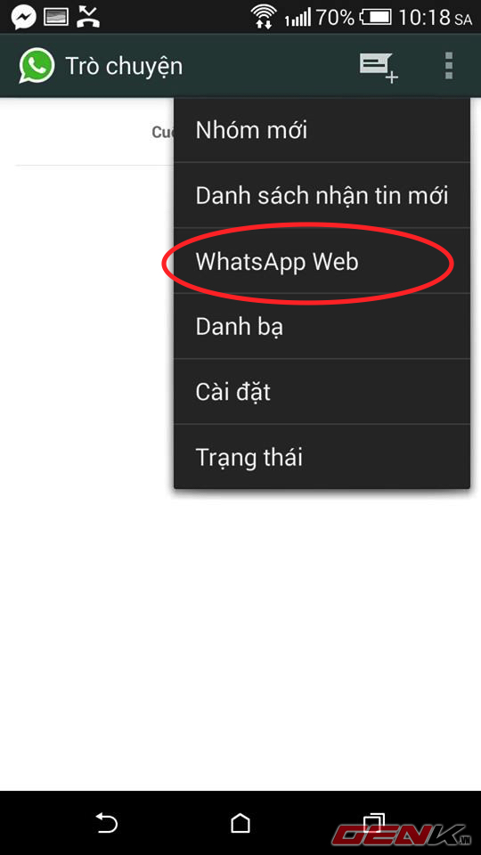 Tiếp theo bạn vào WhatsApp trên smartphone, vào Menu, chọn WhatsApp Web