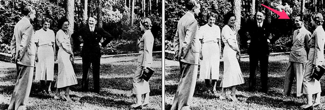 Hitler đã loại bỏ Joseph Goebbels, Bộ trưởng Bộ thông tin quần chúng và tuyên truyền của Đức Quốc Xã, ra khỏi ảnh ở bên trái. Hitler đã loại bỏ Joseph Goebbels, Bộ trưởng Bộ thông tin quần chúng và tuyên truyền của Đức Quốc Xã, ra khỏi ảnh ở bên trái.