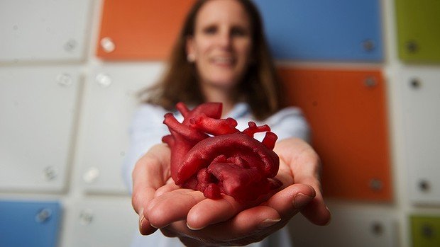 Một quả tim in 3D trên bàn tay của một bác sỹ phẫu thuật.