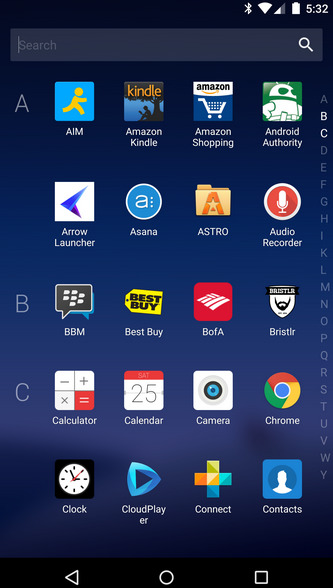 The app drawer lets you scroll through the alphabet to find a particular app
