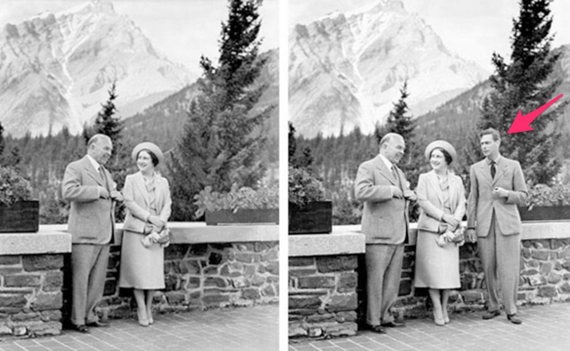 Vua George VI đã bị xóa khỏi bức ảnh gốc, để lại 2 nhân vật trong ảnh là Nữ hoàng Elizabeth và Thủ tướng Canada Walliam Lyon Mackenzie vì vị Thủ tướng này muốn mình trông trở nên quyền lực hơn. Vua George VI đã bị xóa khỏi bức ảnh gốc, để lại 2 nhân vật trong ảnh là Nữ hoàng Elizabeth và Thủ tướng Canada Walliam Lyon Mackenzie vì vị Thủ tướng này muốn mình trông trở nên quyền lực hơn.