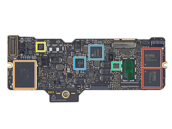 Đây là mặt trên của chiếc mainboard, phần màu cam là chip nhớ 128GB của Toshiba, màu xanh dương là chip nguồn, màu cam là bộ nhớ RAM 8GB và cảm biến nhiệt độ màu xanh lá.