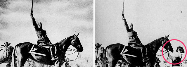 Benito Mussolini, nhà độc tài nước Ý, đã xóa người giữ ngựa ra khỏi bức ảnh gốc vì muốn mình trông giống vị anh hùng hơn. Benito Mussolini, nhà độc tài nước Ý, đã xóa người giữ ngựa ra khỏi bức ảnh gốc vì muốn mình trông giống vị anh hùng hơn.