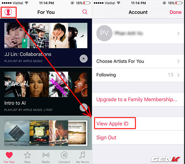  Truy cập vào Apple Music và chọn vào biểu tượng mặt người ở góc trên bên trái. Sau đó chọn tới View Apple ID. Chỗ này ứng dụng sẽ bắt bạn nhập lại mật khẩu cho Apple ID. 