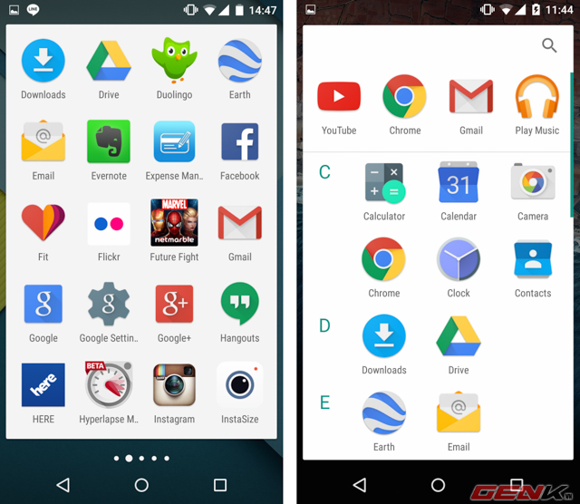 So sánh Apps Drawer của Android M Developer Preview (bên phải) và Android Lollipop 5.1 (bên trái).