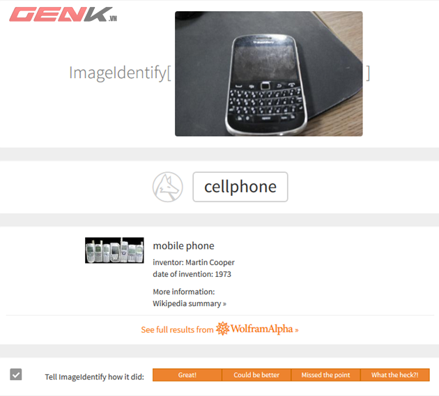 Thậm chí với chiếc điện thoại Blackberry 9930 này Image Identify còn cùng cấp thêm kết quả tìm kiến từ WolframAlpha