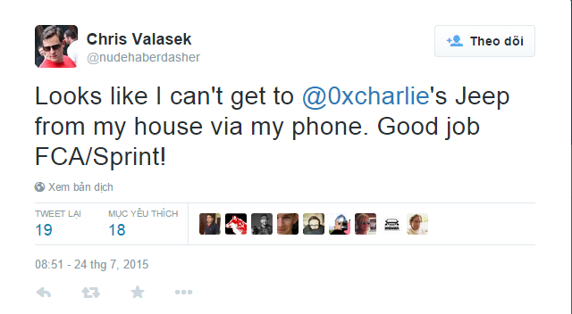 Chris Valasek đăng trên trang Twitter cá nhân về vụ việc.