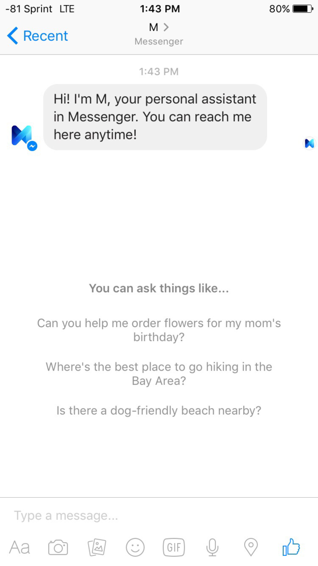  Xin chào! Tôi là M, trợ lý cá nhân của bạn trong Messenger. Bạn có thể tìm tôi bất cứ lúc nào, M trả lời kèm gợi ý những gì cô nàng có thể làm bên dưới. 