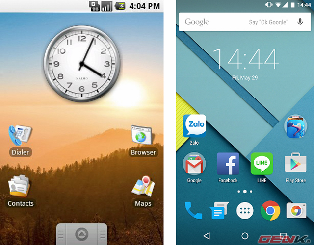 Màn hình chính của Android 1.0 (bên trái) so với Android 5.1 (bên phải).