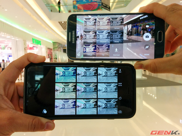 Giao diện chỉnh hiệu ứng ảnh của Galaxy S6 và iPhone 6 Plus.