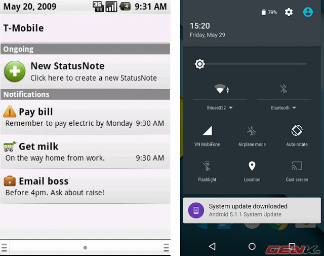 Notification Bar ở phiên bản thời kì đầu (bên trái) so với phiên bản Android 5.1 (bên phải).