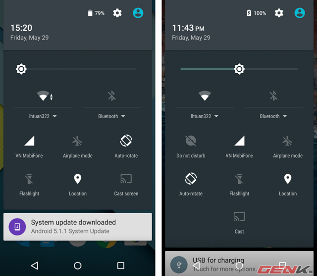 So sánh thanh trạng thái giữa Android M (bên phải) và Android Lollipop 5.1 (bên trái).