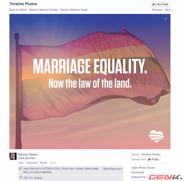 Barrack Obama đăng tải bức ảnh lá cờ LGBT cùng dòng chữ Bình đẳng trong hôn nhân.