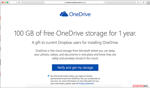Nhấn nút Verify and get my storage để đăng nhập vào OneDrive