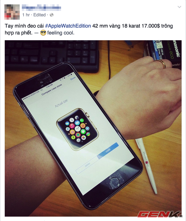 ướm iPhone 6 Plus lên tay để thử cỡ Apple Watch trước khi quyết định mua.