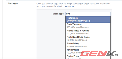 Kéo xuống, ở mục Block Apps, hãy gõ Pirate Kings vào, ấn Enter. Giờ thì bạn đã chặn hoàn toàn trò chơi này.