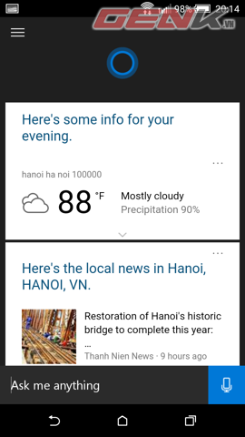 Màn hình Home. Cortana sau khi xác định được location của mình sẽ đưa ra một số thông tin liên quan nhất đến bạn tại thời điểm đó, ví dụ như thời tiết Hà Nội