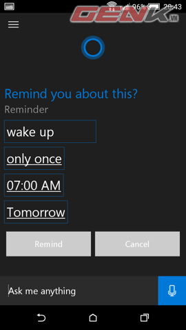 Cortana sẽ tự đặt báo thức với các thông tin như trên