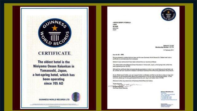 Kỷ lục Guinness dành cho khách sạn lâu đời nhất năm 2011.