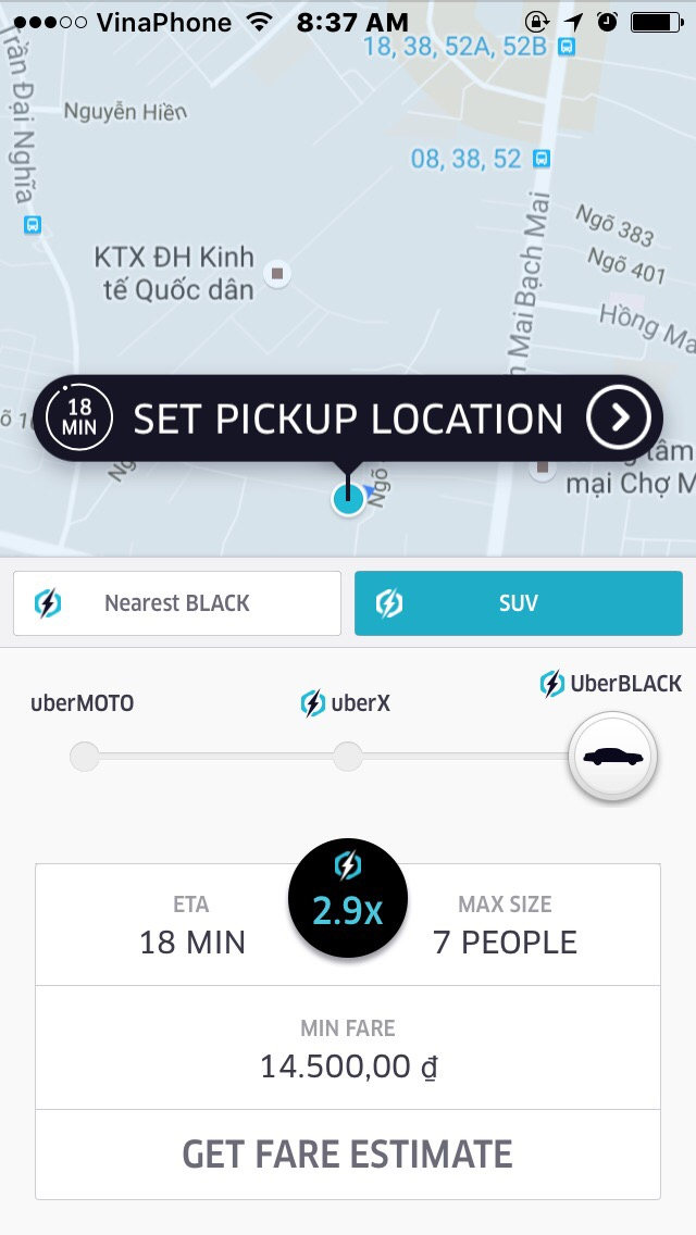 Tại một số khu bực Uber tăng cước gấp 2,9 lần lên mức 14,5 nghìn đồng, nhưng vẫn không có xe taxi
