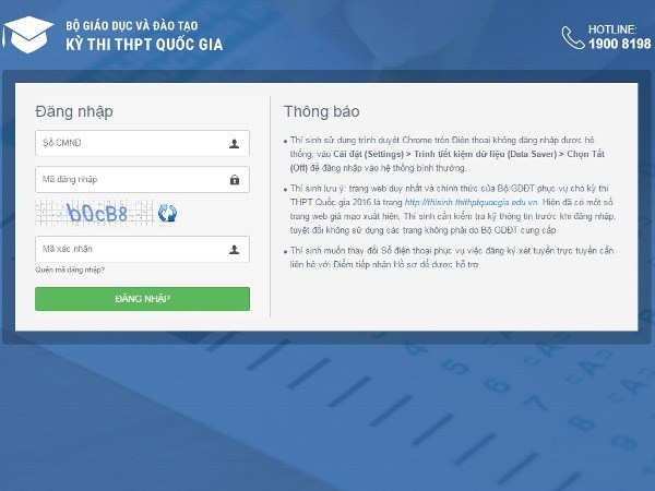  Giao diện trang thông tin chính thức của Bộ Giáo dục và Đào tạo tại địa chỉ http://thisinh.thithptquocgia.edu.vn. (Ảnh chụp màn hình: PV/Vietnam ) 